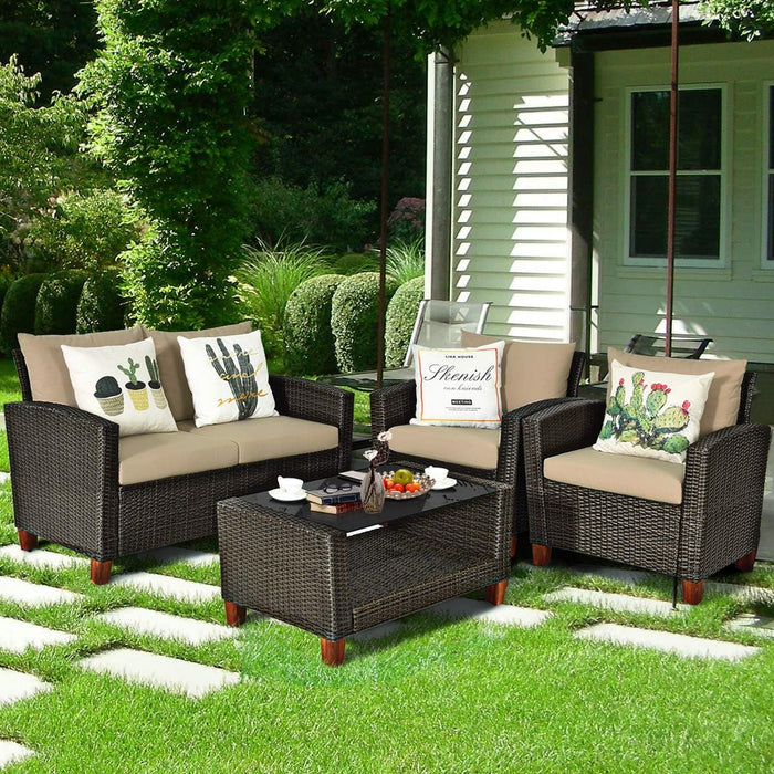 4 Piece Patio Rattan Furniture Set, Onesize, Beige