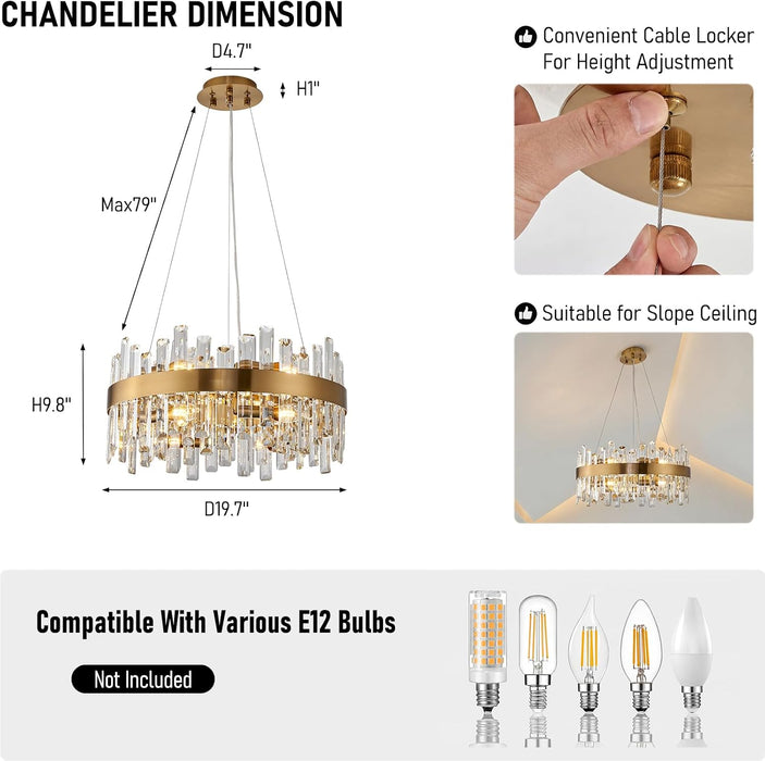 Modern Crystal Chandelier, 12-Light Brass Gold K9 Crystal Raindrop Chandelier, Adjustable Height Lighting Fixture for Living Room Dining Room Bedroom Kitchen Island Entry Foyer D19.7 Inch
