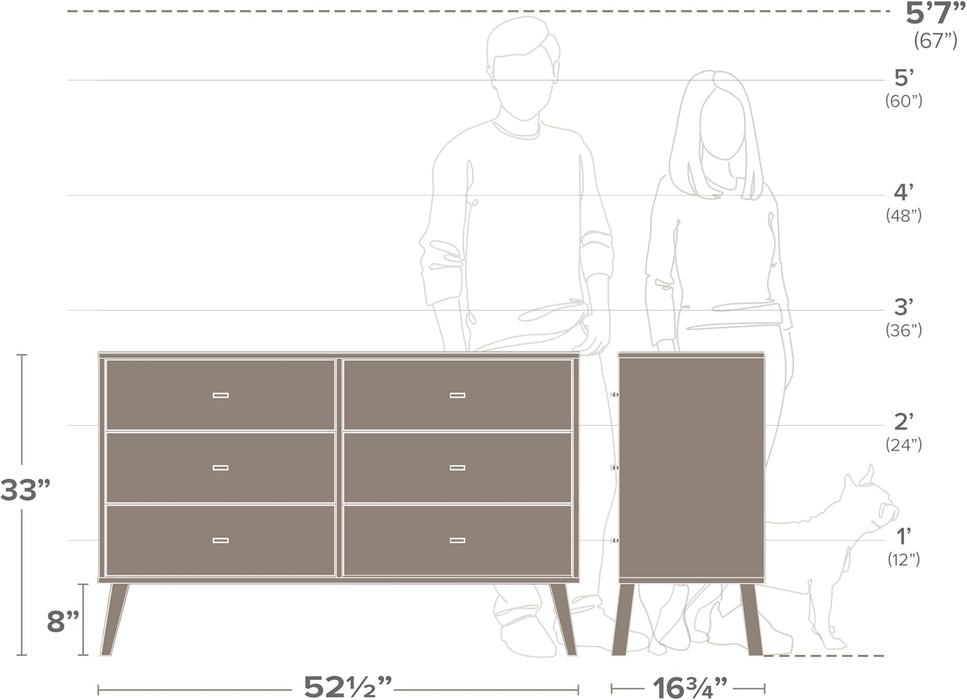 Cherry 52-Inch Wide-Profile Mid-Century Six-Drawer Dresser