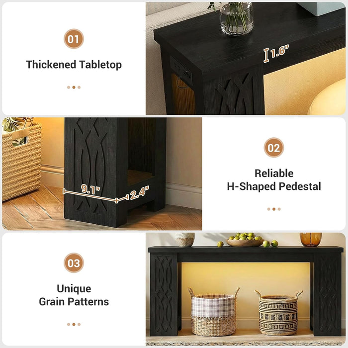 63" Console Table with Outlet, Farmhouse Entryway Table with Colorful LED Lights, Wooden Sofa Table with Unique Carved Design, Foyer Accent Table for Entrance, Hallway, Living Room