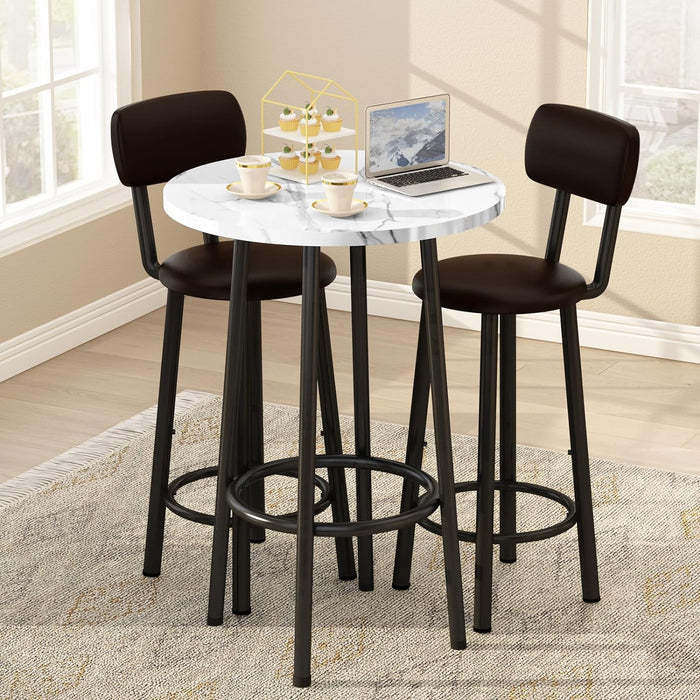 Dining Table Set for 2 - 24" round Kitchen Table with MDF Tabletop & 2 PU Leather Chairs, Bar Pub Set for Small Space Kitchen Living Room Apartment, White