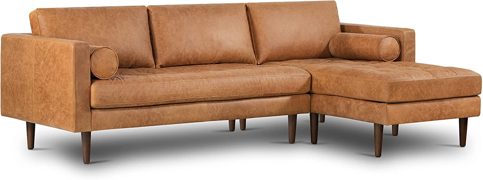 Napa Leather Couch – Right-Facing Sectional Leather Sofa - Tufted Back Full Grain Leather Couch with Feather-Down Topper on Seating Surfaces – Pure-Aniline Italian Leather – Cognac Tan