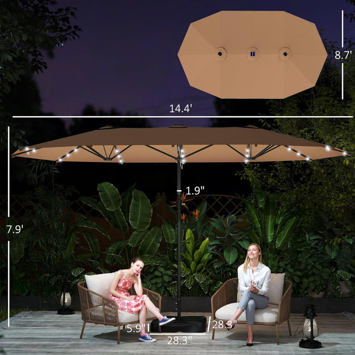 14.4Ft Large Patio Umbrella with 36 Solar LED Lights, Double Sided Outdoor Umbrella with Base Included