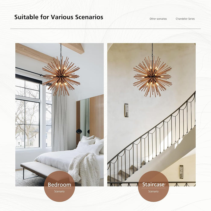 37.4" Farmhouse Sputnik Chandelier for Dining Room Rustic Handmade Natural Wood 18-Light Hanging Ceiling Pendant Light Fixture Starburst Wood Chandeliers for Kitchen Bedroom Foyer Hallway