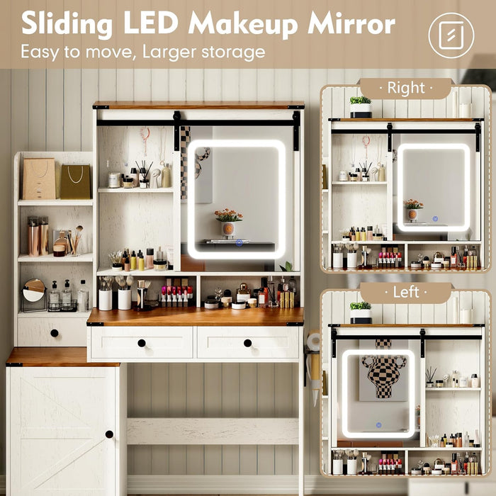 Brown Farmhouse Vanity Desk With Illuminated Mirror
