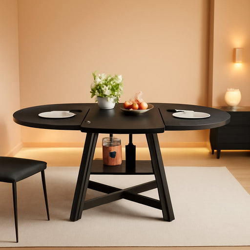 Expandable Kitchen Dining Table for 4-6, Oval round Dining Table with Storage Shelf and Removable Extension Leaf, Space Saving Pedestal Table for Dining Room, Modern Industrial Style (Black)