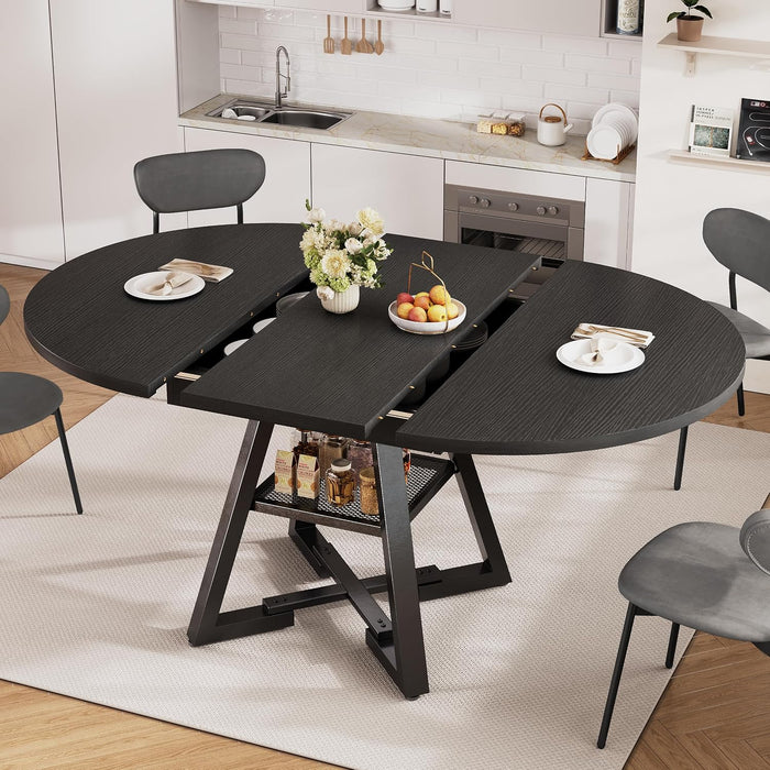 Expandable Kitchen Dining Table for 4-6, Oval round Dining Table with Storage Shelf and Removable Extension Leaf, Space Saving Pedestal Table for Dining Room, Modern Industrial Style (Black)