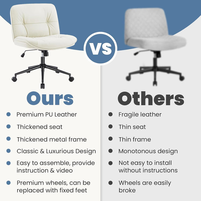 Criss Cross Chair with Wheels, Legged Office Armless Wide Seat, Adjustable Swivel Leather Task Vanity Home Office Desk Seating for Bedroom Dorm Student