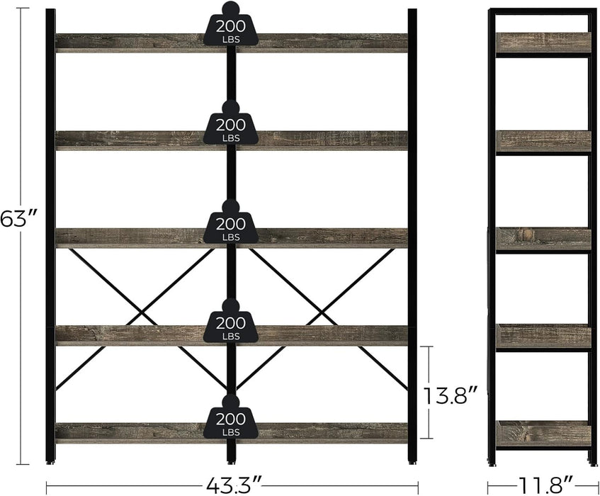 Large Industrial Grey Wooden 5 Tier Bookshelf