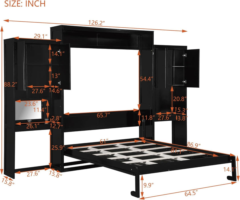 Queen Size Murphy Bed with Desk, Storage Cabinets, Vanity and Mirror for Bedroom, Living Room, Apartment