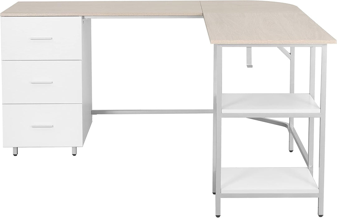 L Shaped Desk - Two-Toned Computer Desk with Drawers & Storage Shelves - Simple Modern Furniture & Home Office Space Corner Table for Work & Writing