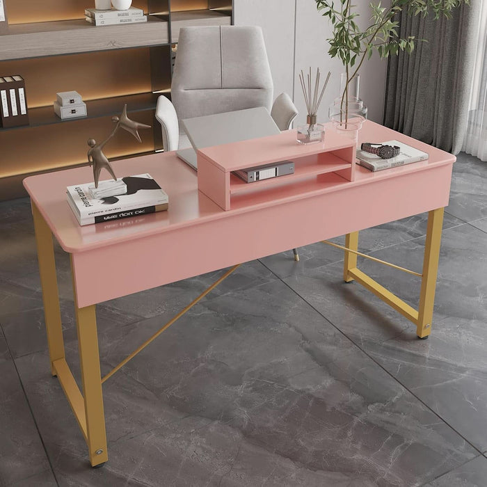 Vanity Desk with 2 Drawers and Storage Shelf, Modern Makeup Table with Glossy Desktop, Gold Metal Frame Writing Desk for Bedroom or Home Office, No Mirror