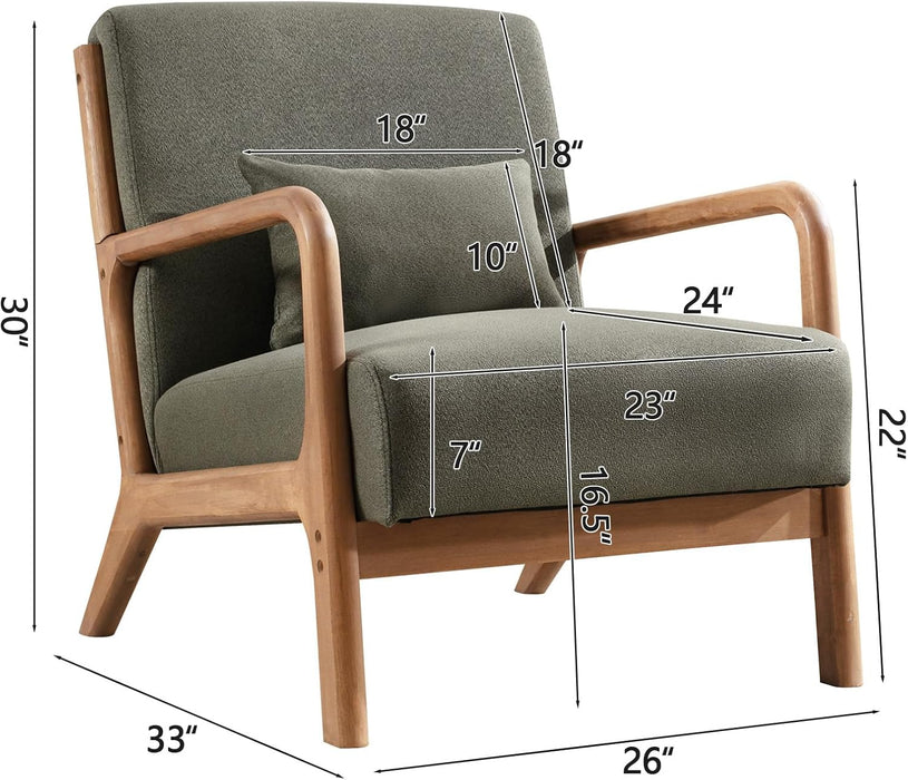 Mid Century Modern Accent Chair with Wood Frame, Upholstered Living Room Chairs with Waist Cushion, Reading Armchair for Bedroom Sunroom (Green)