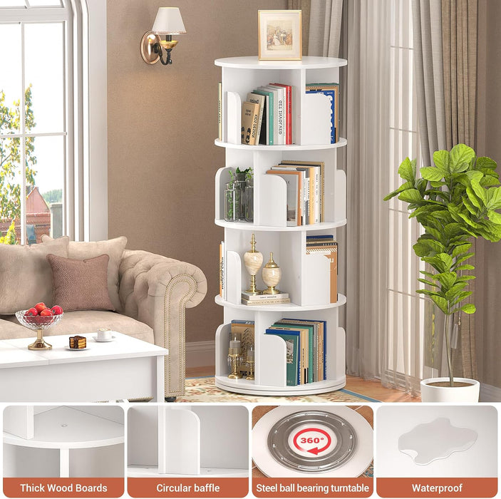 Rotating Bookshelf, 4 Tier Wood Spinning Bookcase Tower, White