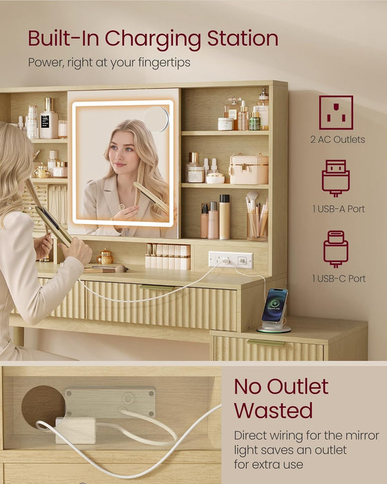 Oak Beigewash Vanity Desk Sliding Mirror Illumination