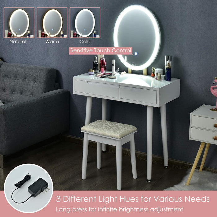 Vanity Set with Lighted Mirror, 3 Modes Adjustable Brightness Mirror, Makeup Dressing Table with Cushioned Stool, 2 Sliding Drawers with Divider, Modern Bedroom Vanity for Girls Women (White)