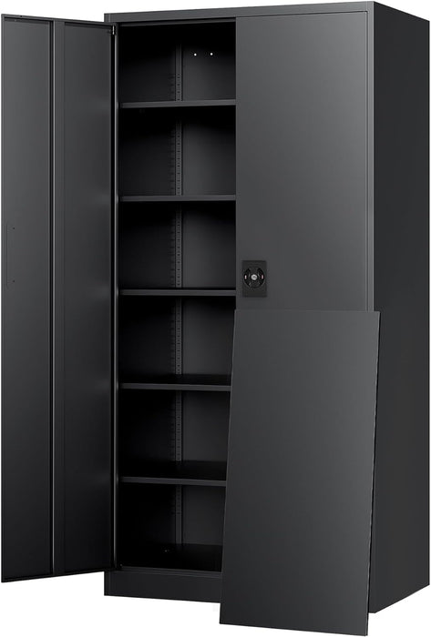 Black Metal Storage Cabinet with Lock & Shelves