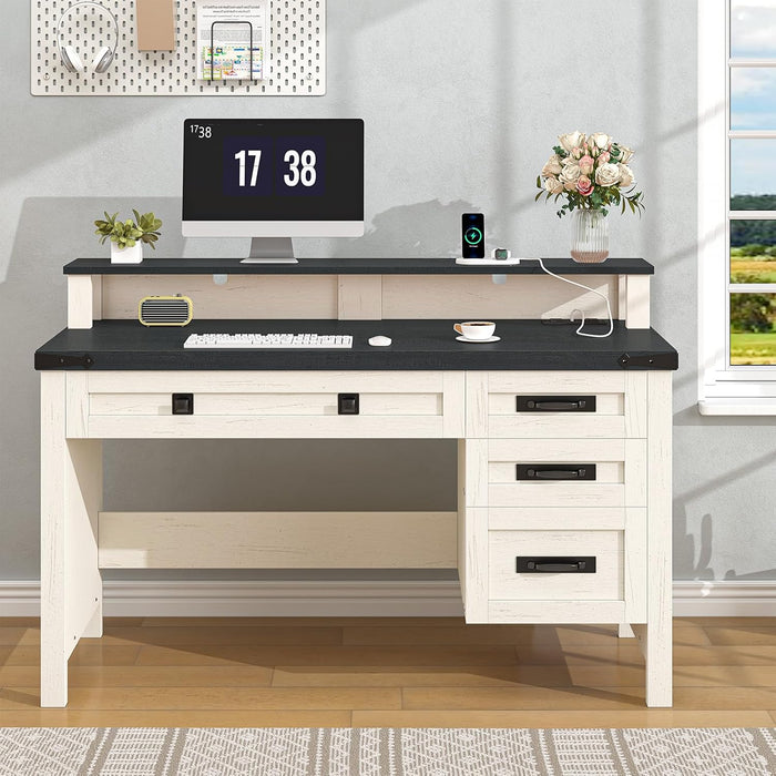 Farmhouse Computer Desk with Drawers, 47" Small Computer Desk with Power Outlets, Home Office Desk with Monitor Stand & 4 Drawers, Writing Study Table, Black & White