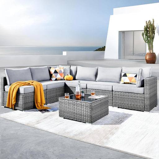Outdoor 7 Piece Coversation Set with Coffee Table,Sectional Patio Furniture Set with All-Weather Wicker Sofa,Modern outside Couch for Balcony Backyard Pool, Grey