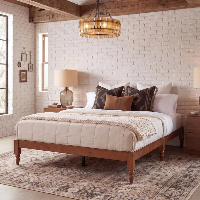12" Japanese Joinery Solid Wood Queen Bed Frame with Turned Legs