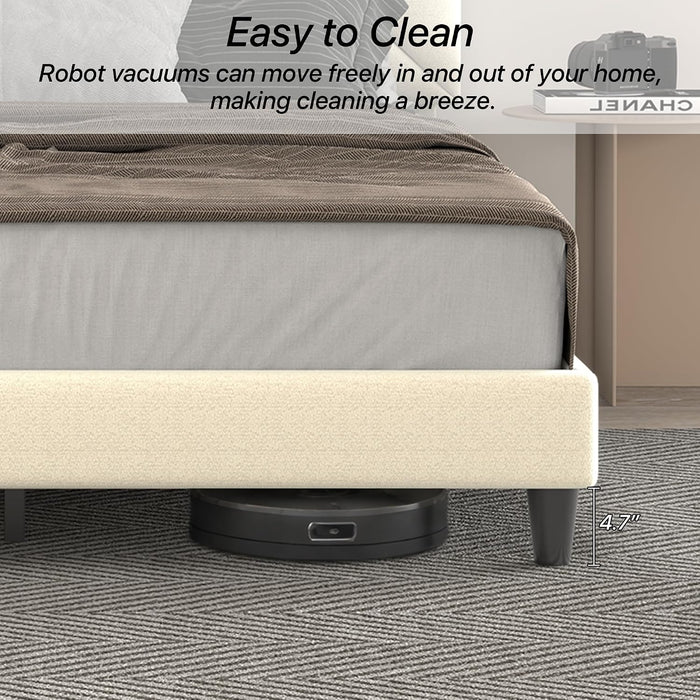 Queen Size Platform Bed Frame with Chenille Headboard, Beige