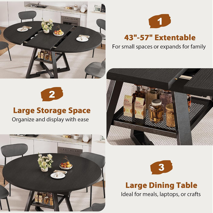 Expandable Kitchen Dining Table for 4-6, Oval round Dining Table with Storage Shelf and Removable Extension Leaf, Space Saving Pedestal Table for Dining Room, Modern Industrial Style (Black)