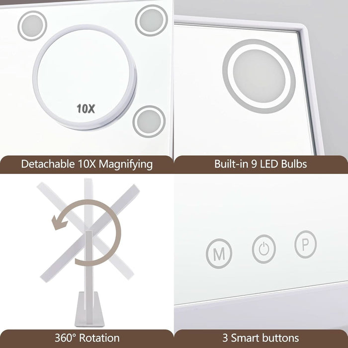 Lighted Makeup Mirror, 14"X 12" Hollywood Vanity Mirror with 9 LED Bulbs, 3 Color Lights, and Detachable 10X Magnification Mirror, 1200Mah Rechargeable, Touch Control, 360°Rotation (White)