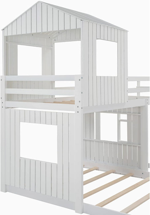 House Bunk Beds, Twin over Full Bunk Bed Wood Playhouse Bunkbed Low Bed Frame for Kids Toddlers Girls/Boys, White