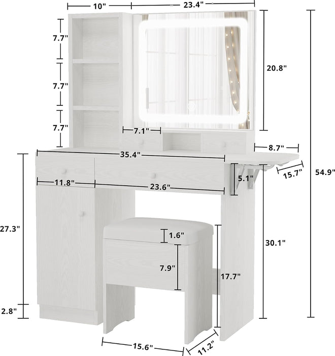 White Vanity Desk Illuminated Mirror Storage Cabinet