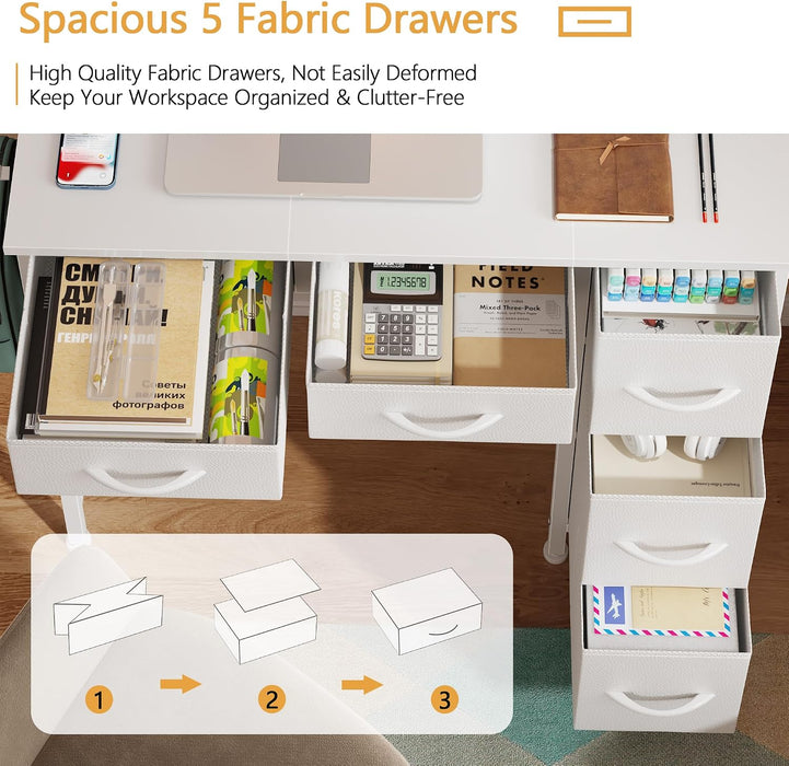 33" Small Computer Desk with 5 Fabric Drawers, White, 14.2" D