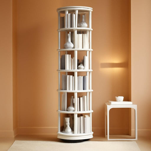 Round 6-Tier Rotating Bookshelf Snow-White On Wheels