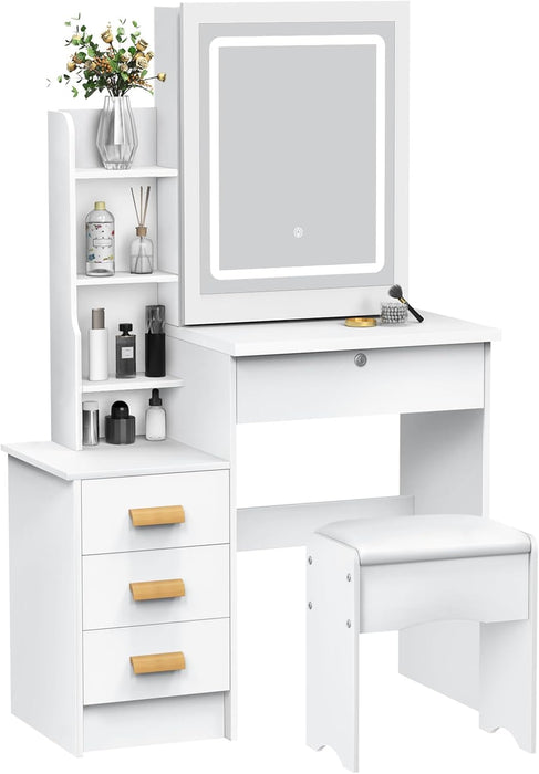 White Vanity Desk With Mirror Lights StorageDrawers