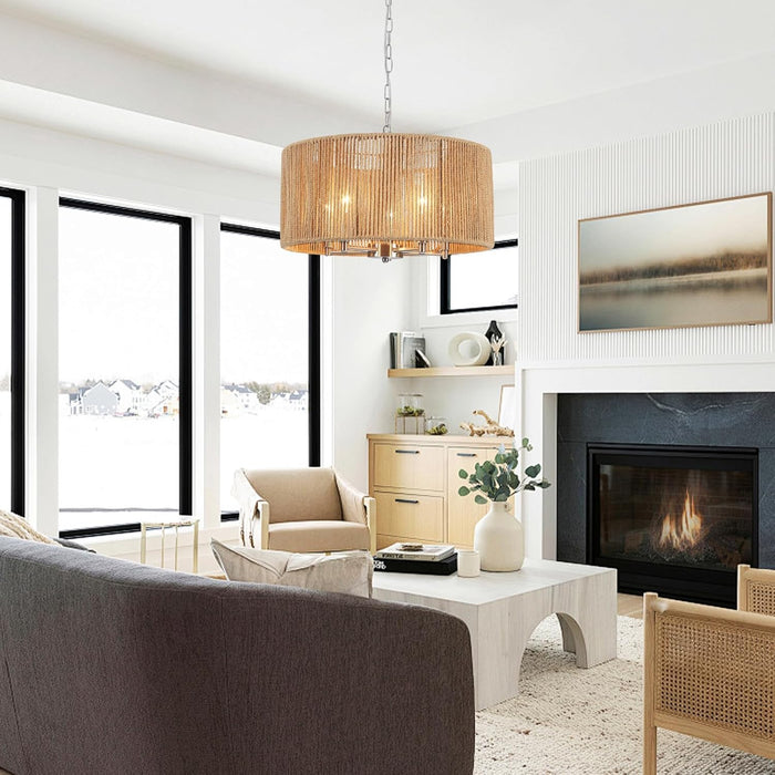 Rattan Chandelier Brushed Nickel Five Light Pendant