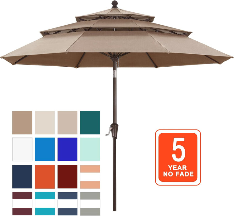 OLEFIN® 5-Year No Fading 9FT 3 Tiers Patio Umbrella, Outdoor Table Umbrella with 8 Sturdy Ribs for Deck, Backyard, Garden, Yard (Khaki)