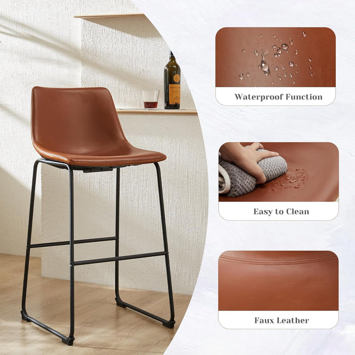 Bar Stools Set of 2, Faux Leather Barstools with Metal Legs | Counter Height 30 Inch Design, Armless with Back, Comfortable, Modern Finish, Kitchen Island, Brown