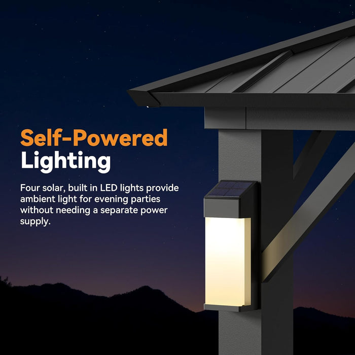 Modern Shade the Horizon Hardtop Gazebo 10' X 12' with 4 LED Lights, Permanent Outdoor Gazebo with Galvanized Steel Double Roof, Grill Pavilion with Decor Hooks, Mosquito Nettings, Black