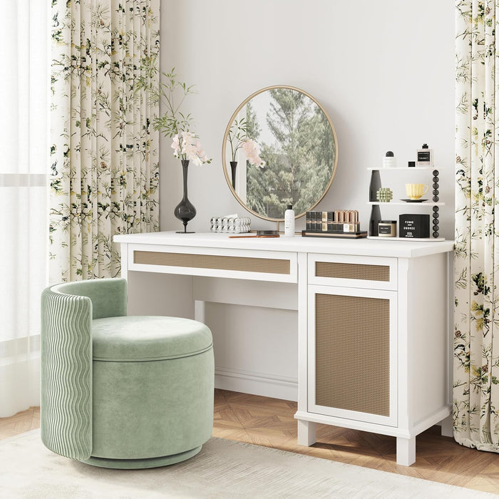 360° Swivel Accent Chair with Storage, Vanity Stool with Back, Velvet Storage Ottoman, Upholstered round Barrel Vanity Chair for Living Room, Makeup Room, Bedroom (Green)