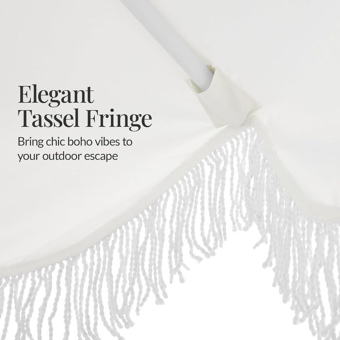 9Ft Fringe Market Patio Umbrella – Outdoor Boho Tassel Sunshade for Table, Pool, Deck, Backyard – UPF50+, Easy Tilt, Heavy Duty Steel Pole & Ribs - White