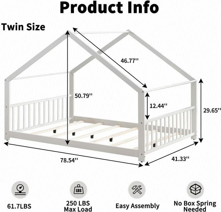 Full Size Floor Bed, Wood House Bed with Headboard and Footboard, Montessori Wood Bed, Playhouse Toddler Floor Bed Frame for Boys, Girls, No Box Spring Needed (White, Full Size)