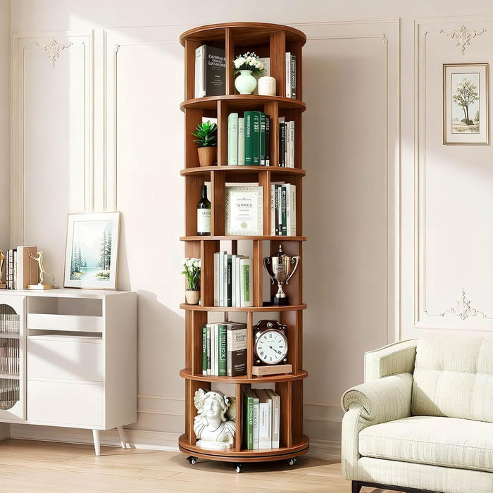 Rotating 6-Tier Walnut Rubberwood Bookcase 360 Degree