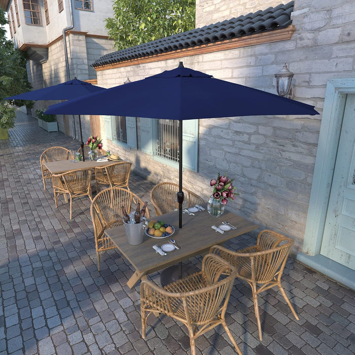 9' Rd Sunbrella Aluminum Patio Umbrella, Crank Lift, Auto Tilt, Bronze Pole, True Blue Fabric