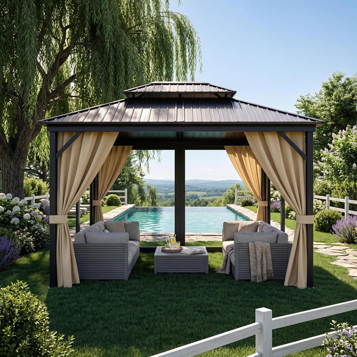 10' X 14' Heavy Duty Hardtop Gazebo for All Weather, Galvanized Steel Double Roof Canopy with Netting & Curtains – Ideal for Patio, Backyard, Deck & Lawn Gatherings