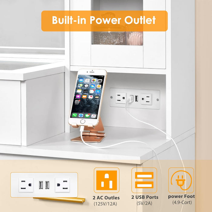 49.2" Large Vanity Desk with Mirror and Lights,White Makeup Vanity Table with Glass Top,Stool,Makeup Desk with Power Outlet,5 Drawers,Nightstand,Dressing Table for Bedroom Women FST34W