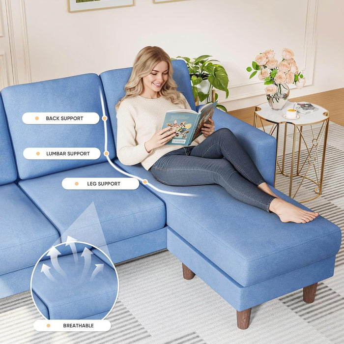 Blue Upholstered LShaped Movable Sectional Couch Ottoman