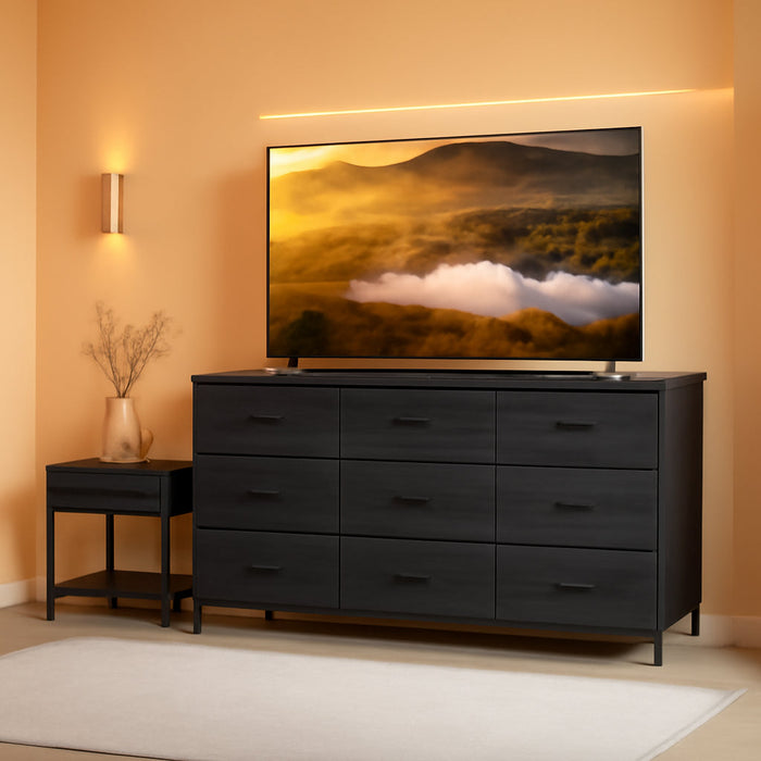 Dresser, Dresser for Bedroom with 9 Drawers, Wide Dresser TV Stand for 55” TV Stand for Bedroom Dresser Long Dressers & Chests of Drawers, Metal Frame&Wood Top, Closet, Hallway, Charcoal Black