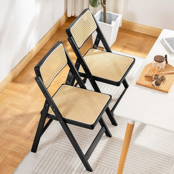 Rattan Folding Chairs, Modern Mid Century Dining Chairs Set of 2, Outdoor Bamboo Chairs for Bedroom Living Room Reading Room Dining Kitchen, Black