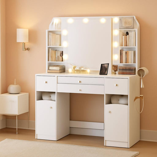 42.5" Large Vanity Desk，Dressing Table with Mirror and LED Light, Power Strip, 4 Drawers, 2 Open Storage Cabinets, and Jewelry Storage for Bedrooms, White