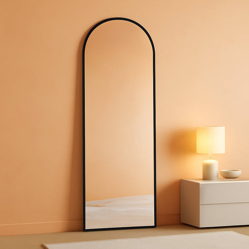Black Arched Full Length Mirror 60"X16" for Bedroom, Full Body Mirror with Stand, Hanging or Leaning for Wall, Aluminum Alloy Thin Frame Floor Standing for Living Room