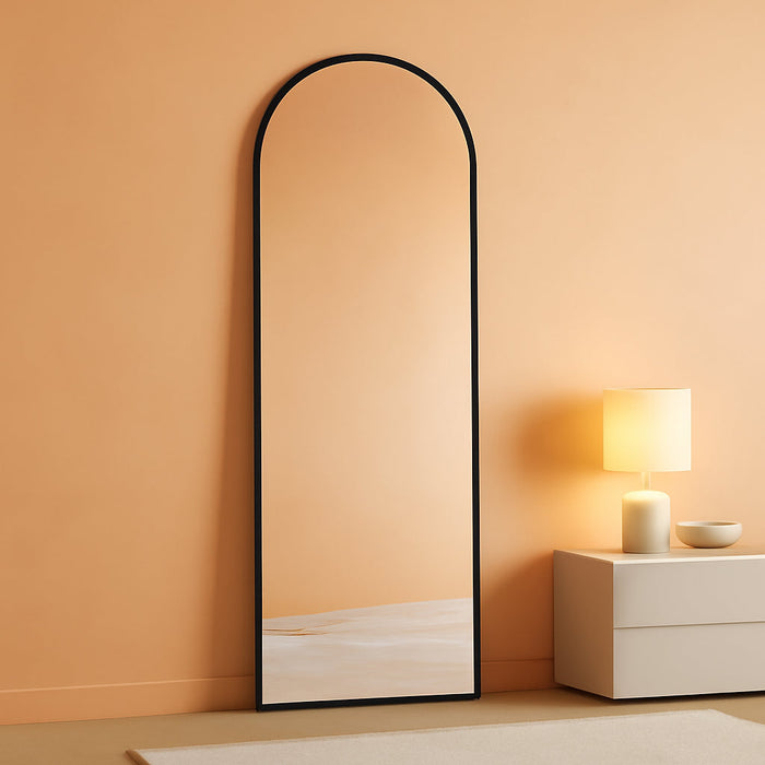 Black Arched Full Length Mirror 60"X16" for Bedroom, Full Body Mirror with Stand, Hanging or Leaning for Wall, Aluminum Alloy Thin Frame Floor Standing for Living Room