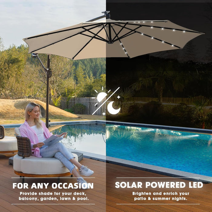10Ft Solar LED Offset Patio Umbrella, Outdoor Cantilever Patio Umbrellas with Solor Lights for Backyard, Poolside and Garden, Easy Tilt Adjustment, 32 LED Lights & Polyester Shade, Beige